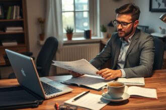 Kisvállalkozó könyvelés közben, számviteli dokumentációval, kávé mellett.