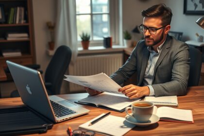 Kisvállalkozó könyvelés közben, számviteli dokumentációval, kávé mellett.