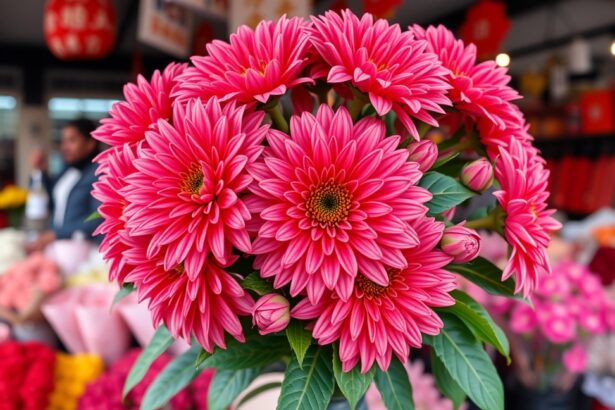 Krizantém csokor egy virágpiacon, élénk rózsaszín virágokkal.