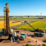 Kútfúrási munka folyamatban, mezőgazdasági területen.