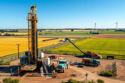 Kútfúrási munka folyamatban, mezőgazdasági területen.