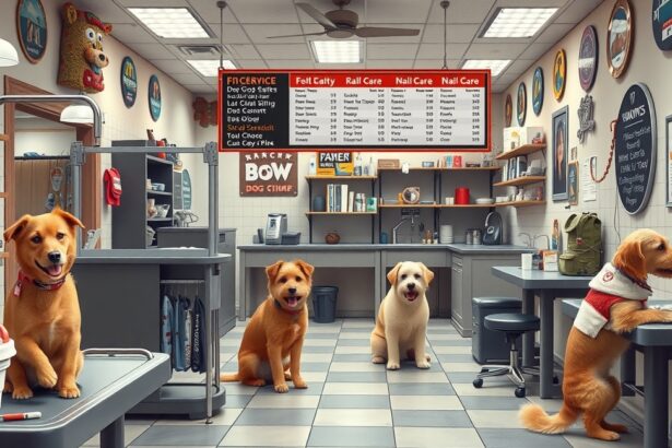 Kutyakozmetikai szolgáltatások bemutatása kutyák környezetében.