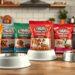 Mogset kutyatáp különböző ízekben és tálakban az étkezőben