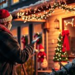 Férfi karácsonyi világítással díszített ház előtt okostelefonnal.