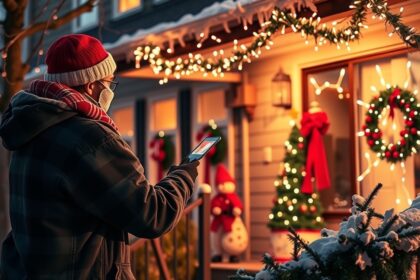 Férfi karácsonyi világítással díszített ház előtt okostelefonnal.