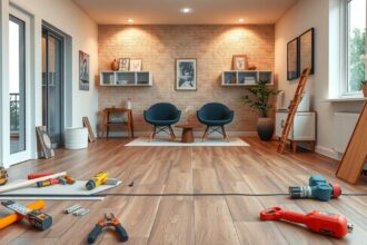 Modern lakás laminált padlóval és szerszámokkal a területen.