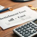 Letelepedési kötvény költségek és kalkulátor papírok egy asztalon.