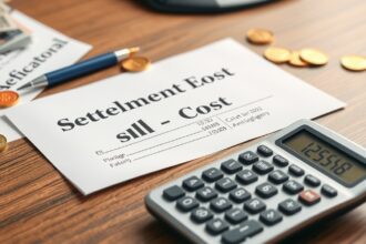 Letelepedési kötvény költségek és kalkulátor papírok egy asztalon.