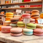 Színes macarons különböző ízekben egy cukrászdában