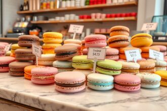 Színes macarons különböző ízekben egy cukrászdában