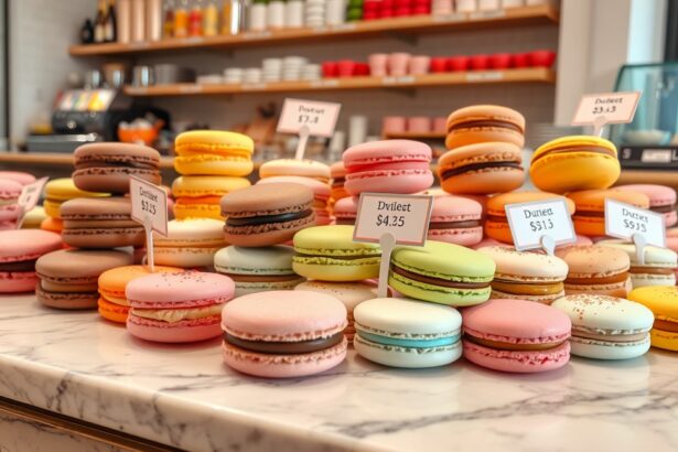 Színes macarons különböző ízekben egy cukrászdában