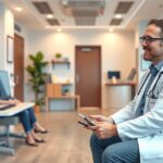 Magánorvosi ellátás váróterme, orvos és páciens.