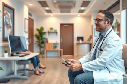 Magánorvosi ellátás váróterme, orvos és páciens.