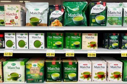 Különböző matcha tea termékek a bolt polcán.