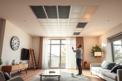 Mennyezetfűtési rendszer berendezése egy modern nappaliban.