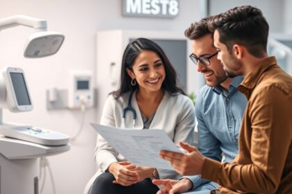 Három ember konzultál mesterséges megtermékenyítésről orvosi környezetben