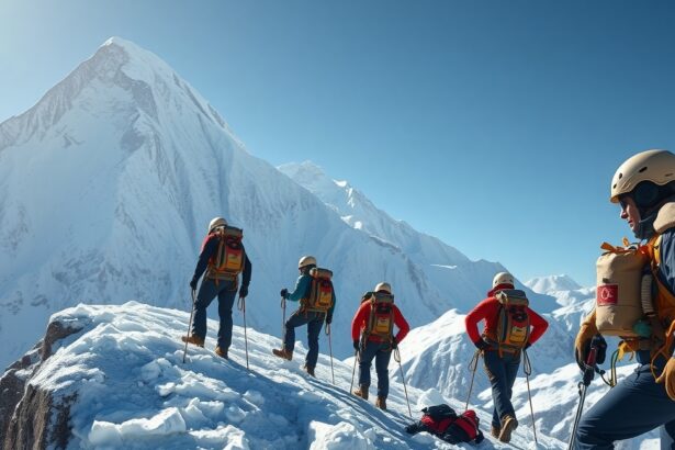 Hegymászók az Everest csúcsának meghódítására készülnek.