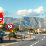 Útjelző táblák egy görög autóúton a hegyek mellett