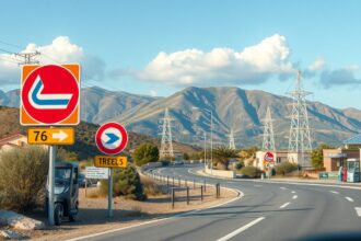 Útjelző táblák egy görög autóúton a hegyek mellett