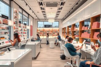 Modern körömszalon belső területe műkörömmel foglalkozó ügyfelekkel.