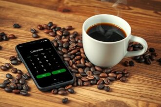 Reggeli kávé és kalkulátor a költségek kiszámításához