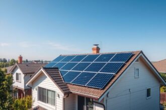 Napkollektorok a ház tetőjén világos háttérrel