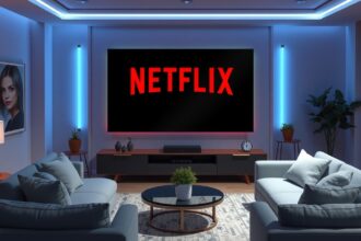 Modern nappali Netflix logóval a falon