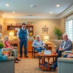 Idősek otthona közösségi szobájában tartózkodó idősek és személyzet