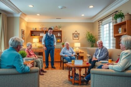 Idősek otthona közösségi szobájában tartózkodó idősek és személyzet