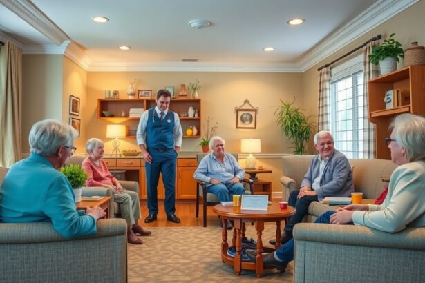 Idősek otthona közösségi szobájában tartózkodó idősek és személyzet