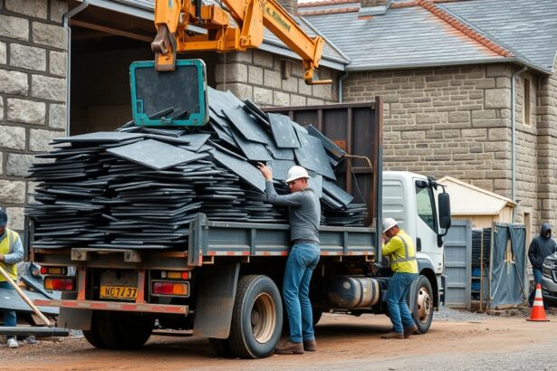 Pala elszállítása építkezési területen nehézgép segítségével.