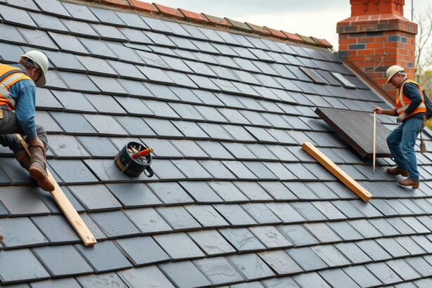 Munkás a palatető felújításán két szakember munkában