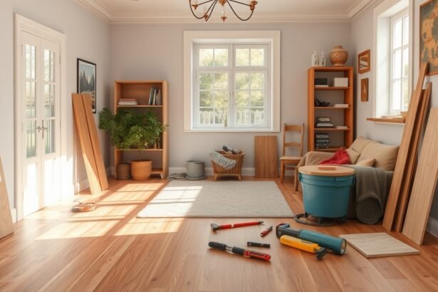 Parkettázás előkészítése, fapadló és szerszámok a szobában