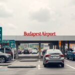 Ferihegyi parkoló terület és díj táblák a Budapest Airport előtt.