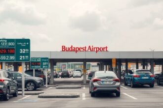 Ferihegyi parkoló terület és díj táblák a Budapest Airport előtt.