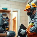 Rágcsálóirtó szakember munka közben modern berendezéssel.