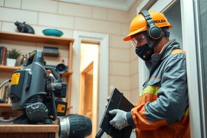 Rágcsálóirtó szakember munka közben modern berendezéssel.