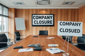 Tárgyalóterem táblákkal a cég megszüntetéséről.