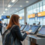 Utazó a repülőtéren repülőjegy átírásához szükséges információkat keres.