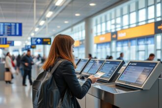 Utazó a repülőtéren repülőjegy átírásához szükséges információkat keres.