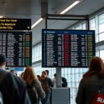 Utazók a repülőtéren, indulási információs táblák láthatók