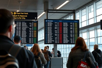 Utazók a repülőtéren, indulási információs táblák láthatók