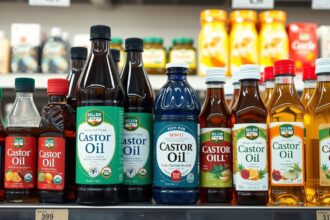 Különböző márkák ricinusolaj palackjai az üzlet polcán.