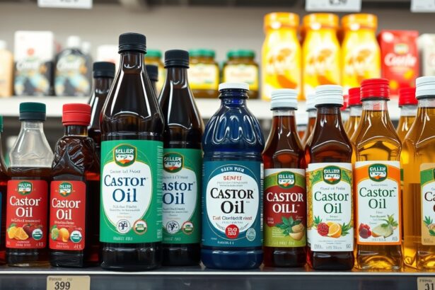 Különböző márkák ricinusolaj palackjai az üzlet polcán.