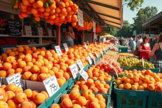 Friss sárgabarack és gyümölcsök a piacon, vásárlási árakkal.