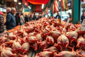 Sertéskörmök friss piacon, árakkal megjelölve.