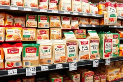 Sertészsír különböző csomagolásokban a bolt polcán.