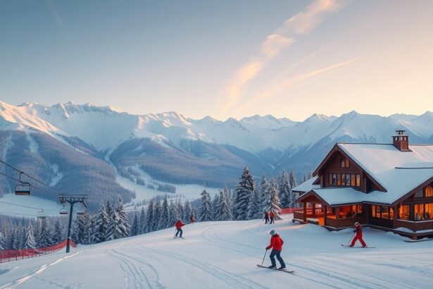 Síelők a hegyekben egy félreeső síház közelében