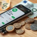 Spotify előfizetési díjak a mobiltelefonon, bankjegyek és érmék mellett.
