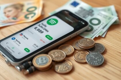 Spotify előfizetési díjak a mobiltelefonon, bankjegyek és érmék mellett.